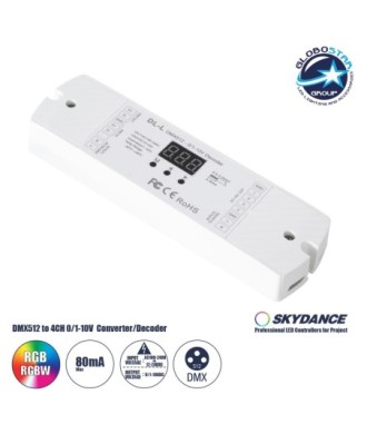 GloboStar® 73140 DL-L SKYDANCE AC DMX512 to 0-1-10V Converter - Decoder 4 Καναλιών - 2 Inputs DC 12-24V ή AC 100-240V - IP20  Μ17 x Π5 x Υ2.5cm - 5 Χρόνια Εγγύηση
